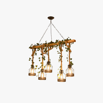Hanglamp Rustiek met Houten Balk, Touwophang en Metalen Kooikappen