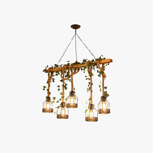 Hanglamp Rustiek met Houten Balk, Touwophang en Metalen Kooikappen