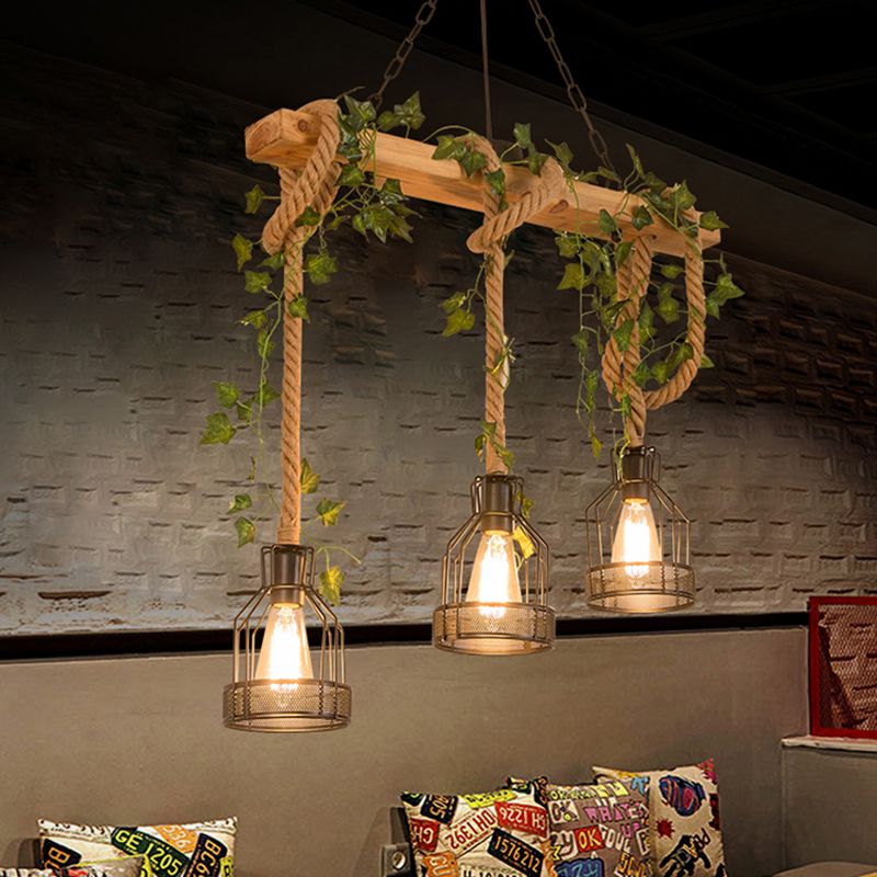 Hanglamp Rustiek met Houten Balk, Touwophang en Metalen Kooikappen