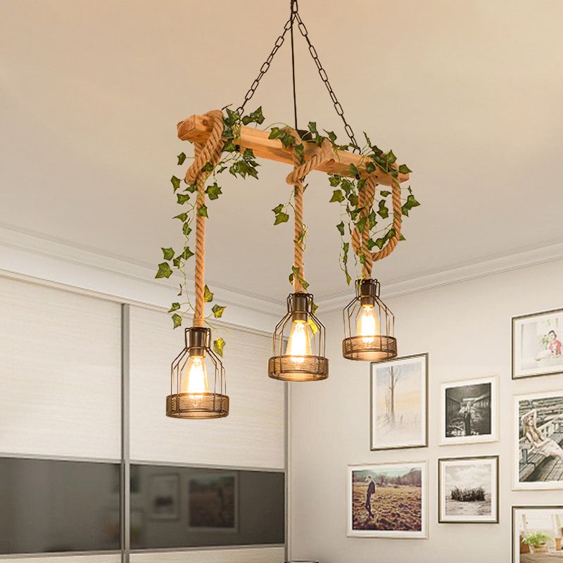 Hanglamp Rustiek met Houten Balk, Touwophang en Metalen Kooikappen