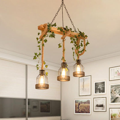 Hanglamp Rustiek met Houten Balk, Touwophang en Metalen Kooikappen