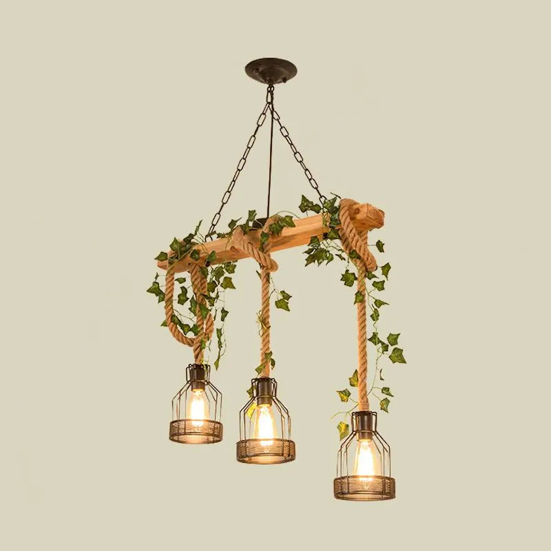 Hanglamp Rustiek met Houten Balk, Touwophang en Metalen Kooikappen