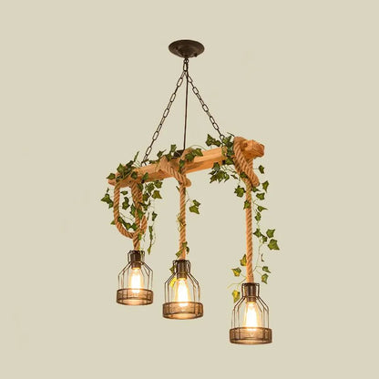 Hanglamp Rustiek met Houten Balk, Touwophang en Metalen Kooikappen