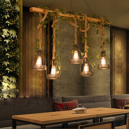 Hanglamp Rustiek met Houten Balk, Touwophang en Metalen Kooikappen