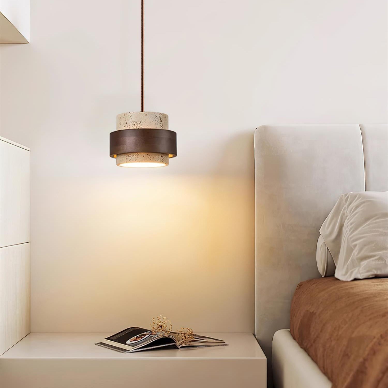 Hanglamp Rustiek met Travertijn Kap en Houten Ring