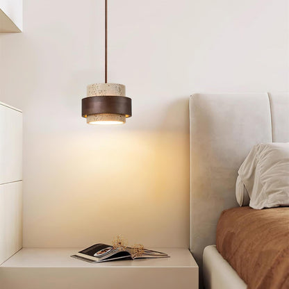 Hanglamp Rustiek met Travertijn Kap en Houten Ring