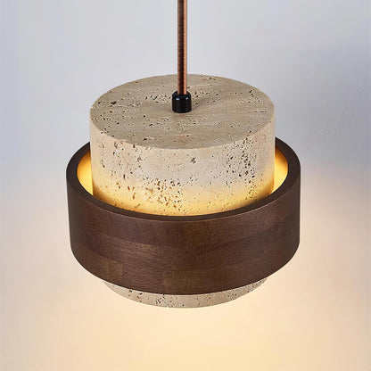 Hanglamp Rustiek met Travertijn Kap en Houten Ring