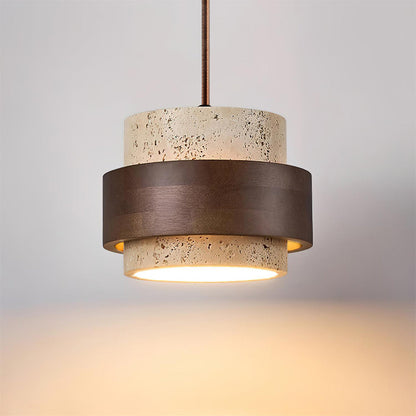 Hanglamp Rustiek met Travertijn Kap en Houten Ring