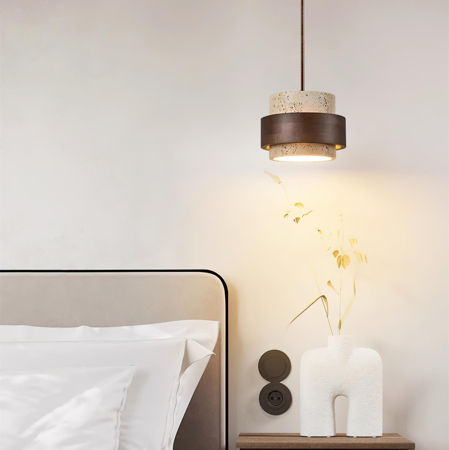 Hanglamp Rustiek met Travertijn Kap en Houten Ring