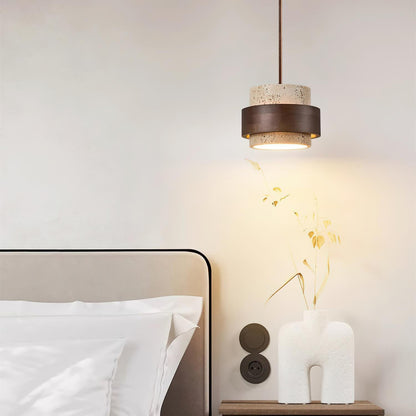 Hanglamp Rustiek met Travertijn Kap en Houten Ring