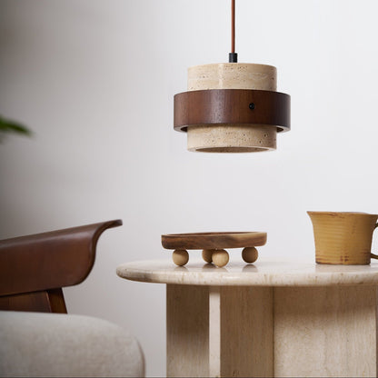 Hanglamp Rustiek met Travertijn Kap en Houten Ring