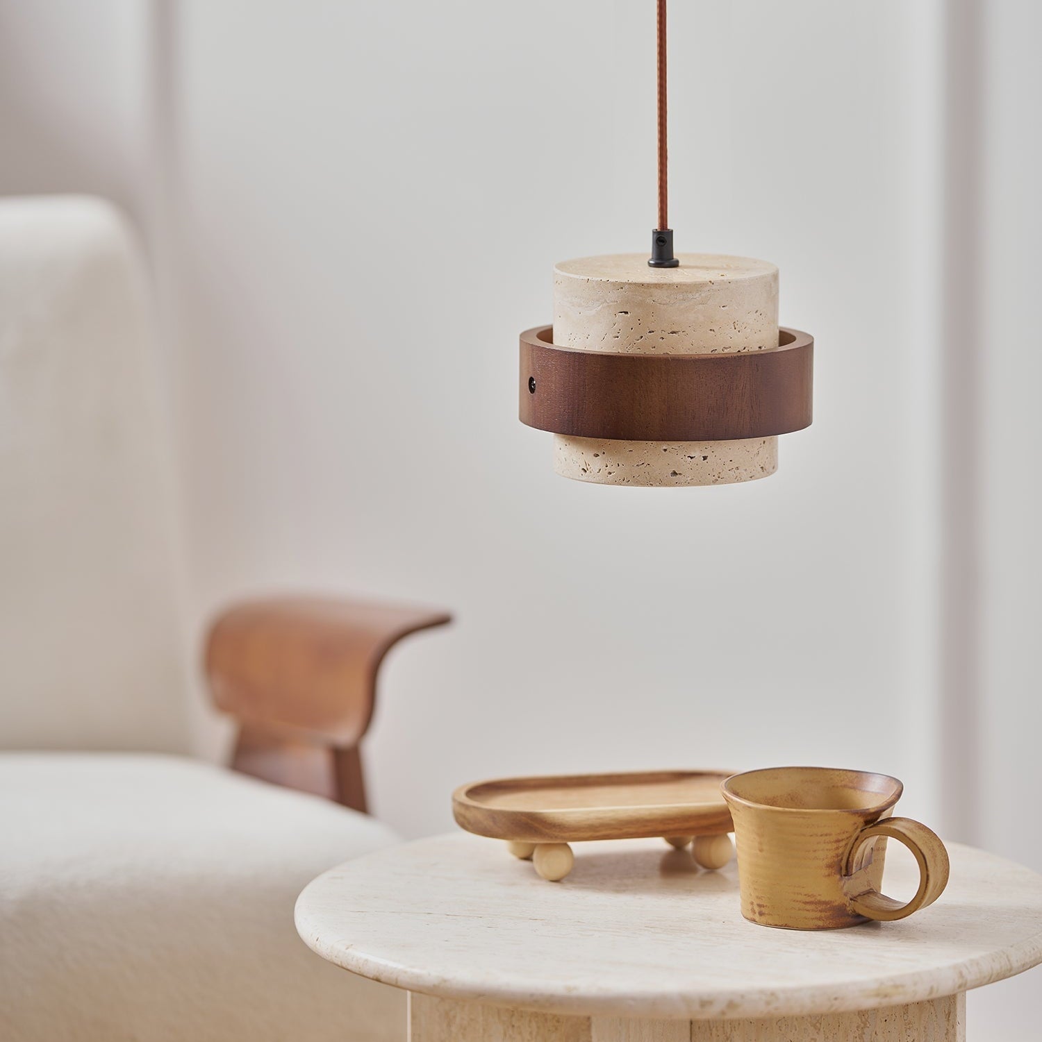 Hanglamp Rustiek met Travertijn Kap en Houten Ring