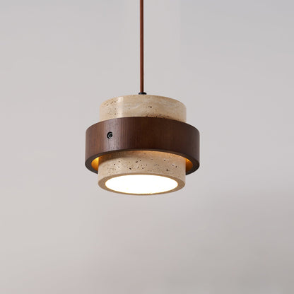 Hanglamp Rustiek met Travertijn Kap en Houten Ring
