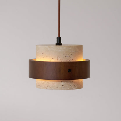 Hanglamp Rustiek met Travertijn Kap en Houten Ring ##POS:31##