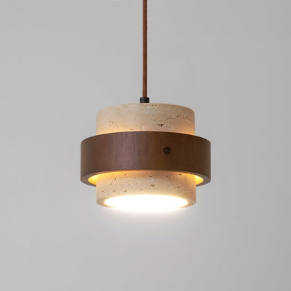 Hanglamp Rustiek met Travertijn Kap en Houten Ring ##POS:32##