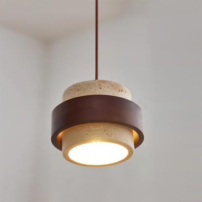 Hanglamp Rustiek met Travertijn Kap en Houten Ring