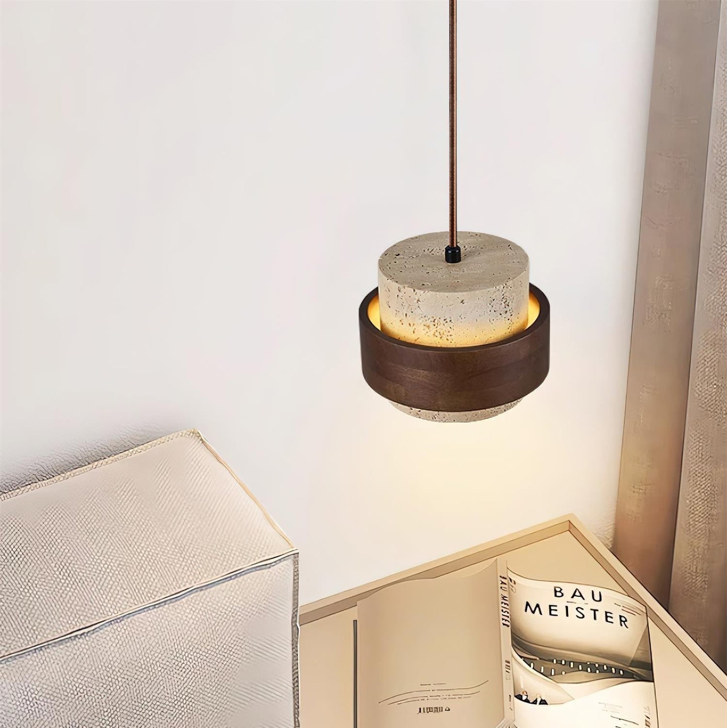 Hanglamp Rustiek met Travertijn Kap en Houten Ring