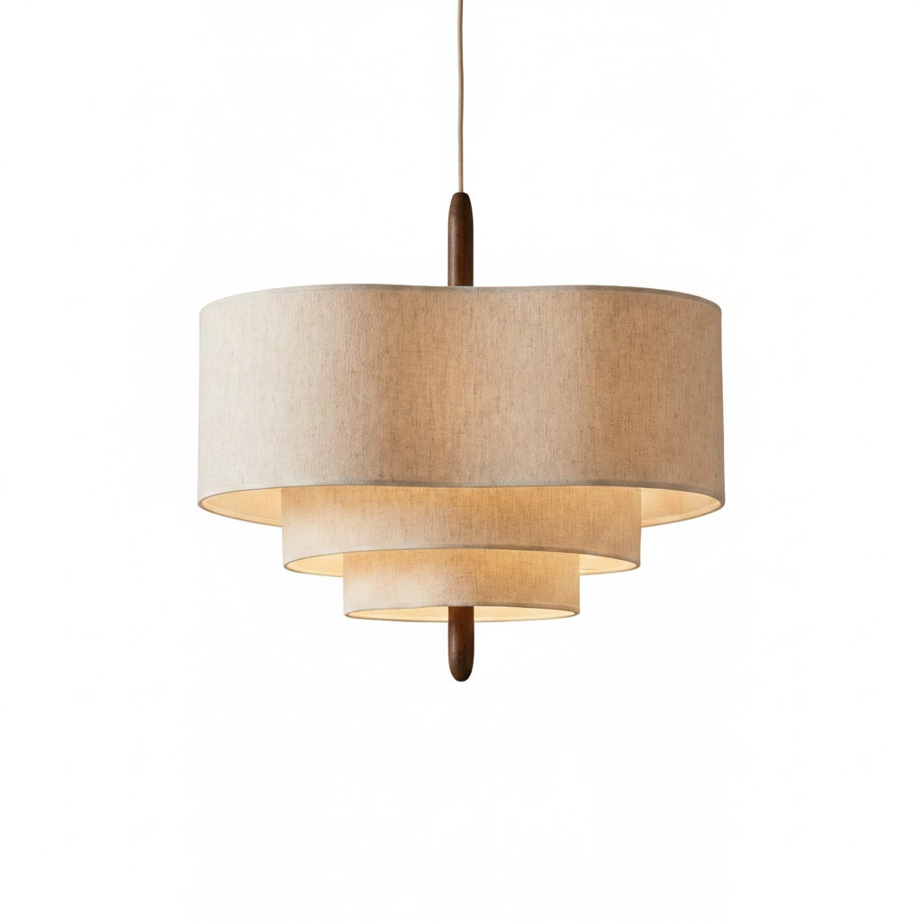 Hanglamp Scandinavisch met Drielaagse Stoffen Kap en Houten Detail