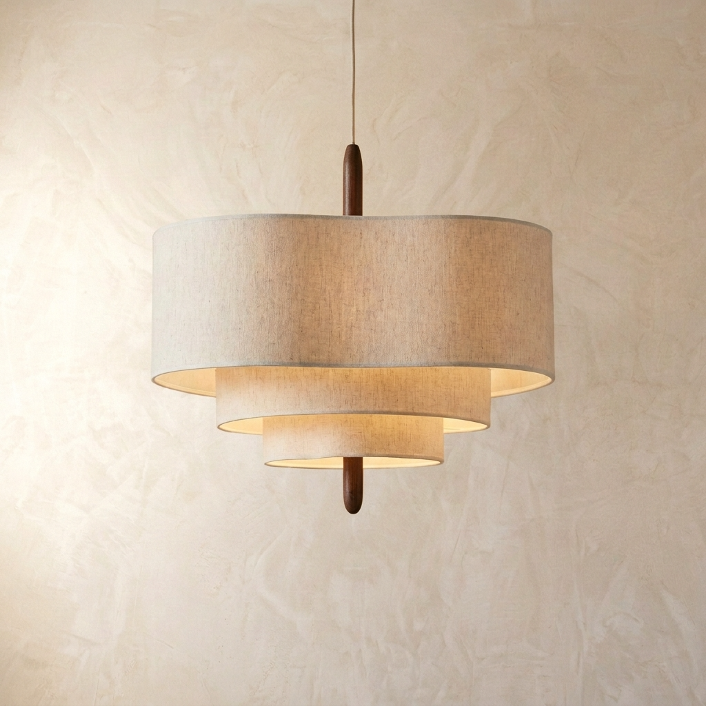 Hanglamp Scandinavisch met Drielaagse Stoffen Kap en Houten Detail