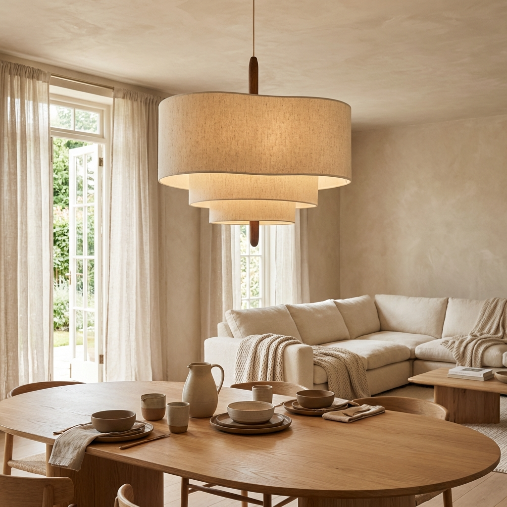 Hanglamp Scandinavisch met Drielaagse Stoffen Kap en Houten Detail