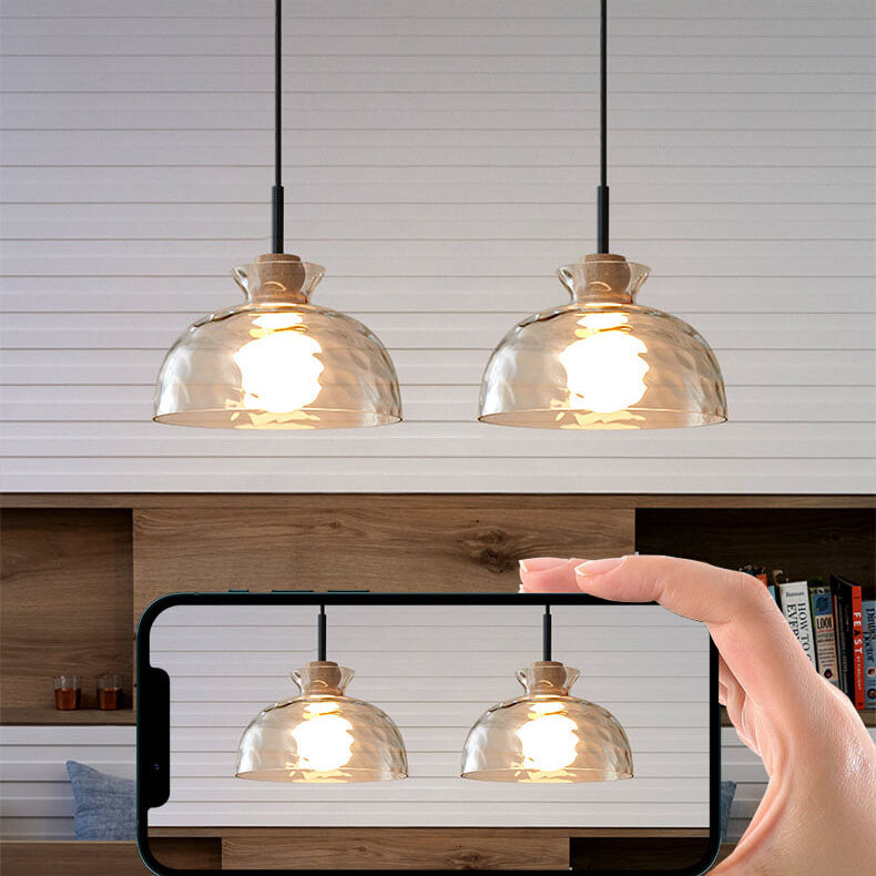 Hanglamp Scandinavisch met Geribbeld Glas en Houten Fitting