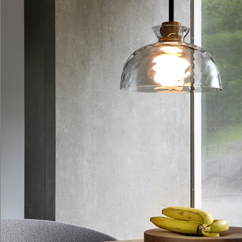 Hanglamp Scandinavisch met Geribbeld Glas en Houten Fitting
