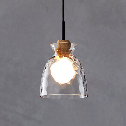Hanglamp Scandinavisch met Geribbeld Glas en Houten Fitting