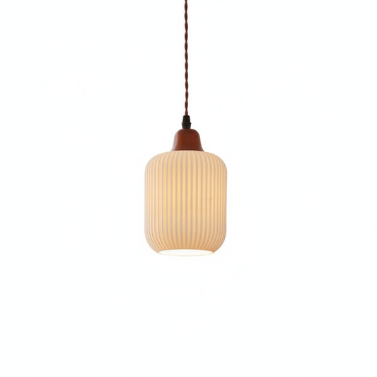 Hanglamp Scandinavisch met Geribbelde Keramieken Kap en Houten Fitting