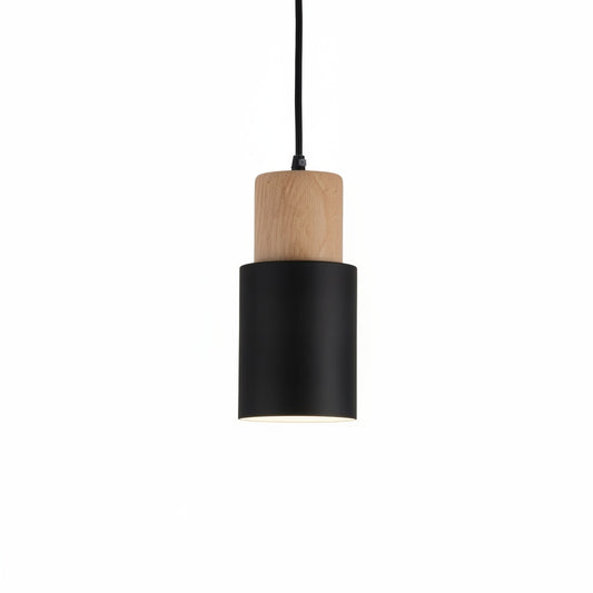 Hanglamp Scandinavisch met Houten Fitting en Cilindervormige Metalen Kap
