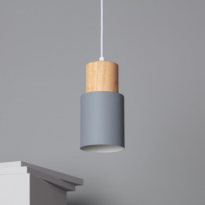 Hanglamp Scandinavisch met Houten Fitting en Cilindervormige Metalen Kap