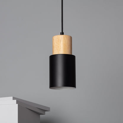 Hanglamp Scandinavisch met Houten Fitting en Cilindervormige Metalen Kap