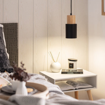 Hanglamp Scandinavisch met Houten Fitting en Cilindervormige Metalen Kap