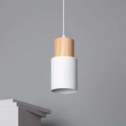 Hanglamp Scandinavisch met Houten Fitting en Cilindervormige Metalen Kap