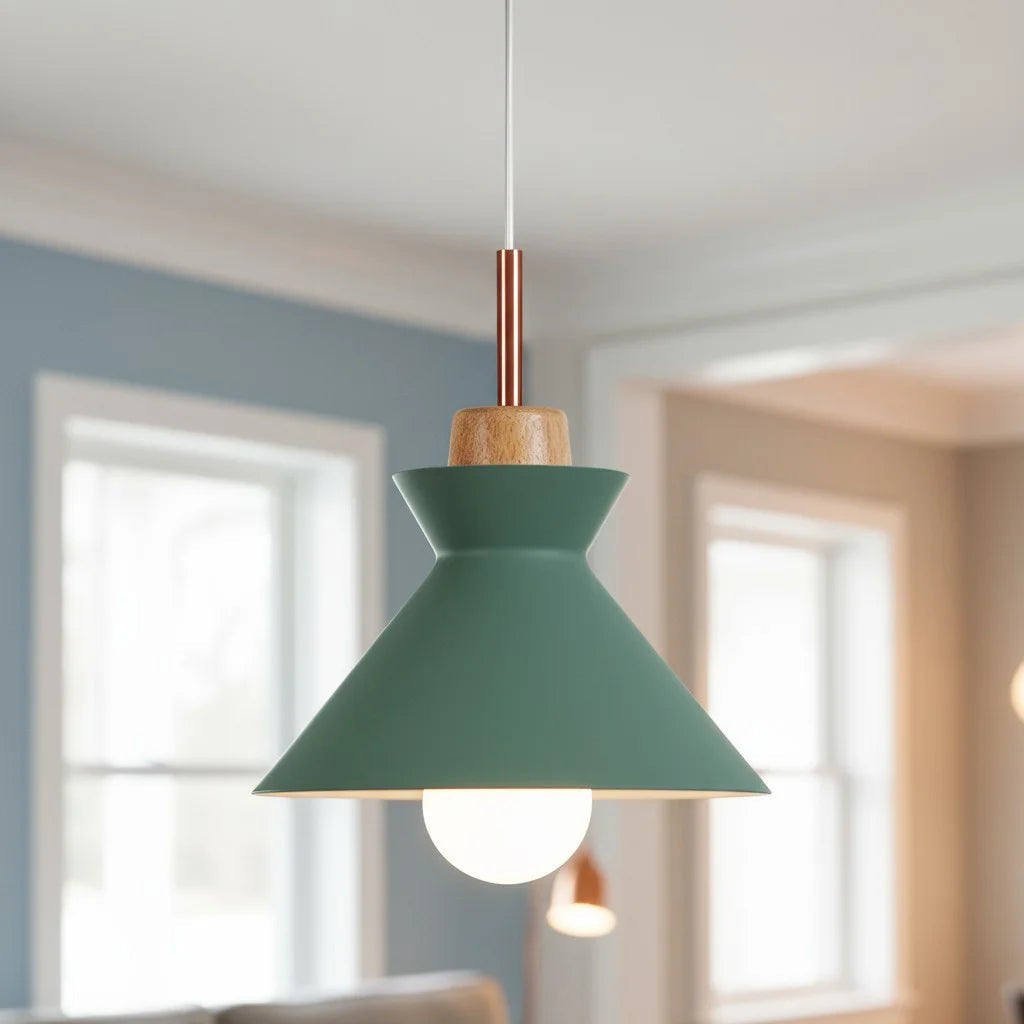 Hanglamp Scandinavisch met Houten Fitting en Metalen Kap