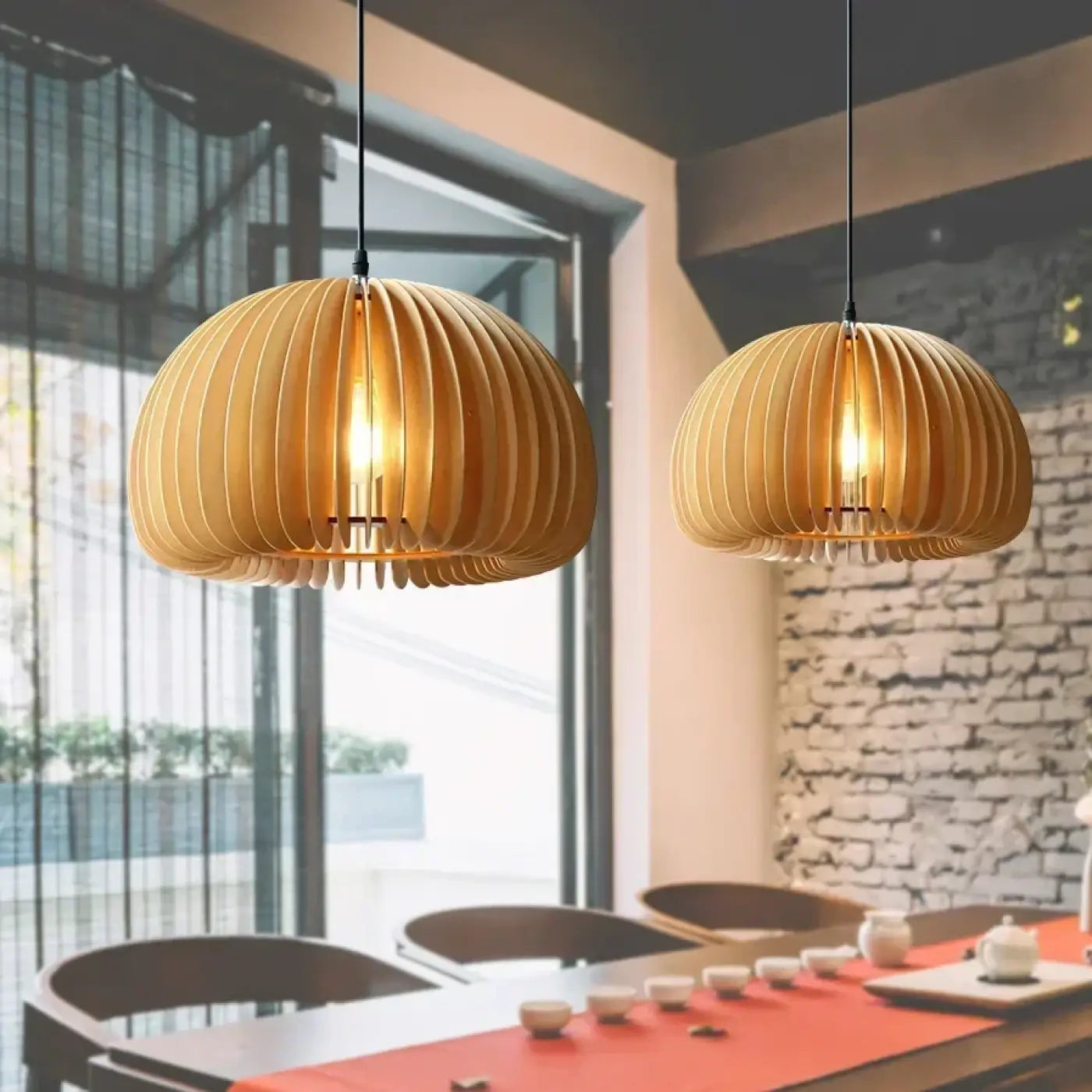 Hanglamp Scandinavisch met Houten Lamellen en Koepelvorm