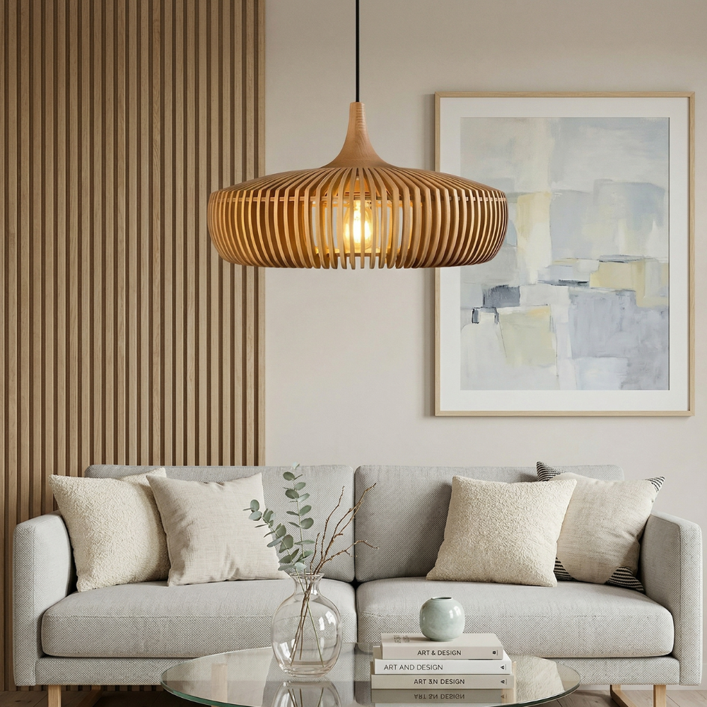 Hanglamp Scandinavisch met Houten Lattenwerk en Ronde Kap