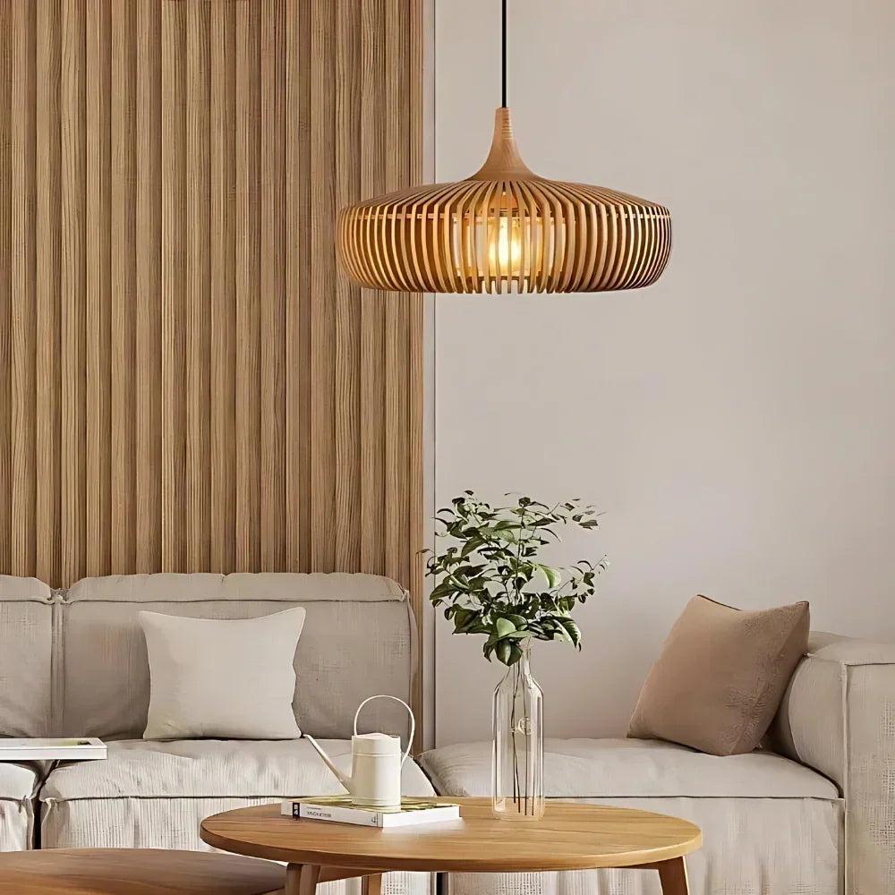 Hanglamp Scandinavisch met Houten Lattenwerk en Ronde Kap