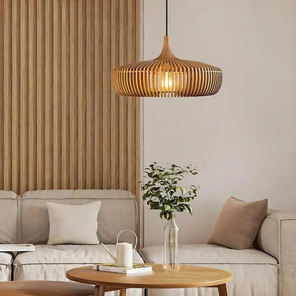 Hanglamp Scandinavisch met Houten Lattenwerk en Ronde Kap