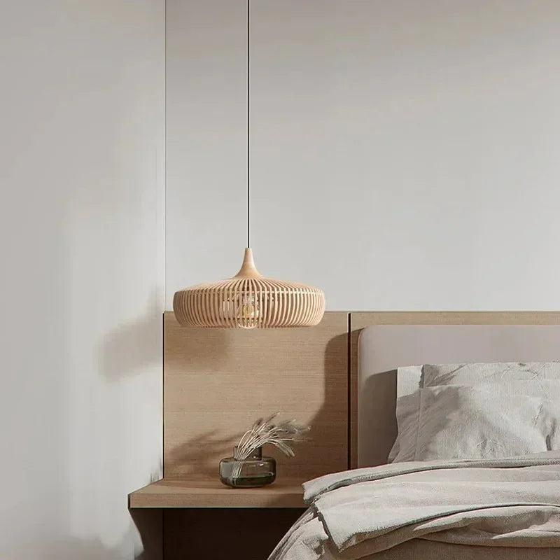 Hanglamp Scandinavisch met Houten Lattenwerk en Ronde Kap