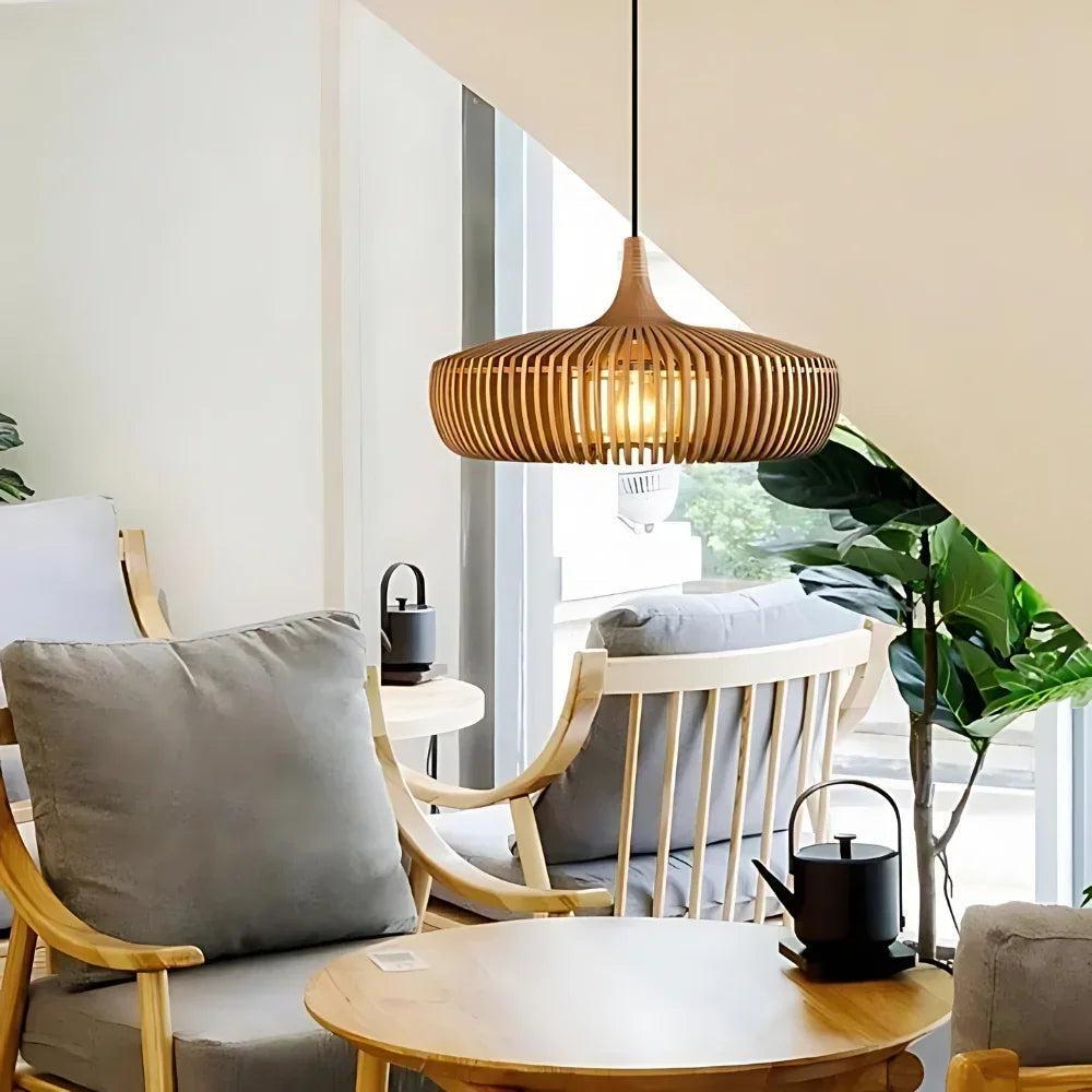Hanglamp Scandinavisch met Houten Lattenwerk en Ronde Kap