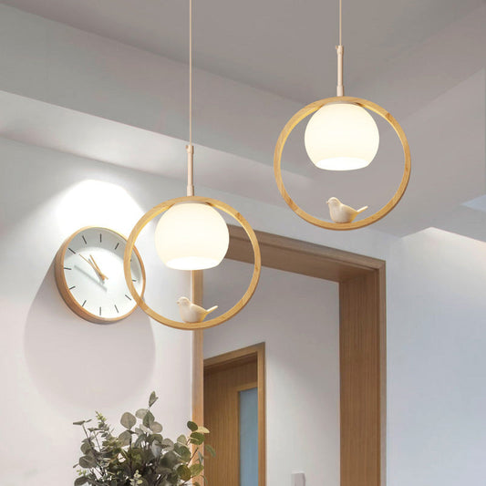 Hanglamp Scandinavisch met Ronde Houten Ring en Vogelornament
