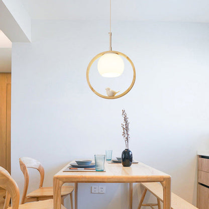Hanglamp Scandinavisch met Ronde Houten Ring en Vogelornament