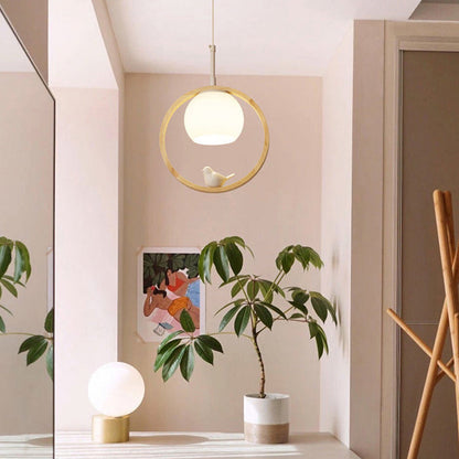 Hanglamp Scandinavisch met Ronde Houten Ring en Vogelornament