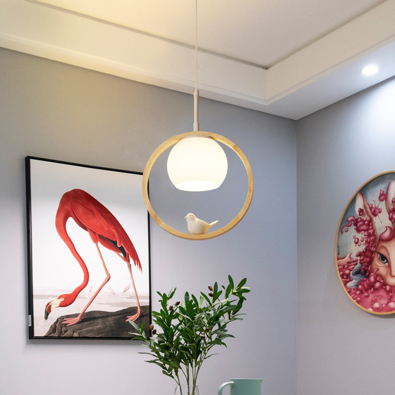Hanglamp Scandinavisch met Ronde Houten Ring en Vogelornament