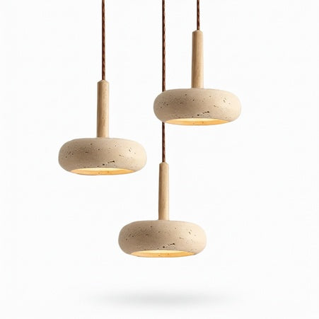 Hanglamp Scandinavisch met Ronde Stenen Kap en Houten Fitting