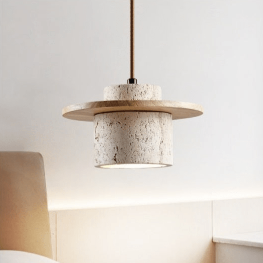 Hanglamp Scandinavisch met Travertijn Kap en Houten Schijf