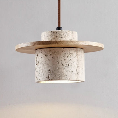 Hanglamp Scandinavisch met Travertijn Kap en Houten Schijf