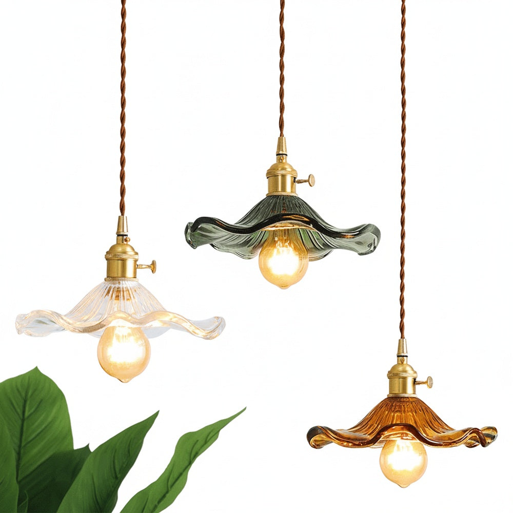 Hanglamp Vintage met Bloemvormige Glazen Kap en Messing Fitting