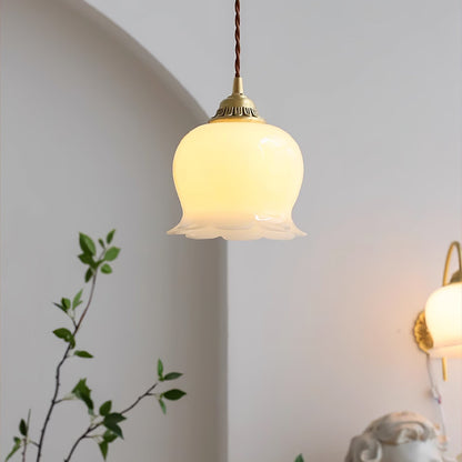 Hanglamp Vintage met Bloemvormige Glazen Kap en Messing Fitting