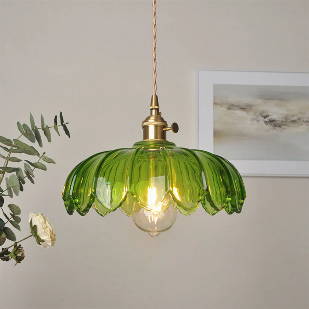 Hanglamp Vintage met Bloemvormige Glazen Kap en Messing Fitting
